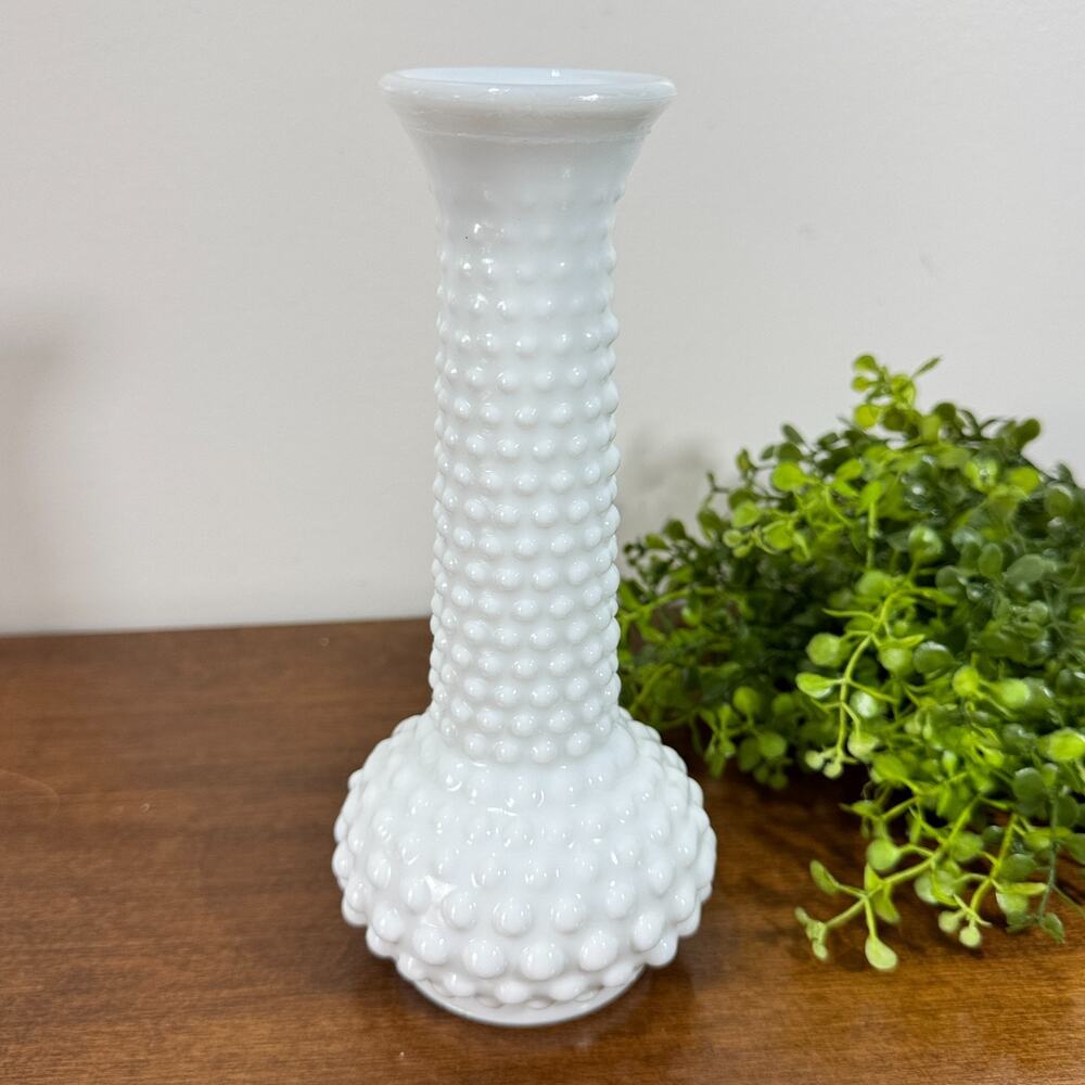 Vintage EO Brody Decorative Hobnail Bud Vase 8" White Milk Glass Long Neck